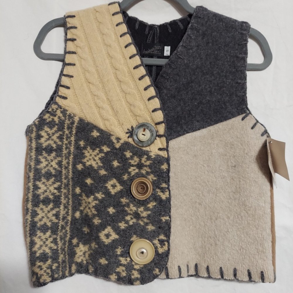 NWT BaaBaaZuZu vintage 100% wool vest hand made in USA patchwork neutrals small